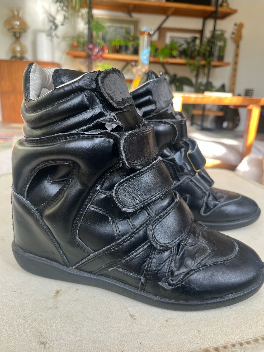 Isabel Marant Black Leather Wedge Velcro Sneakers